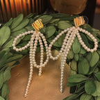 Faux Pearl Bow & Gold Leaf Earring