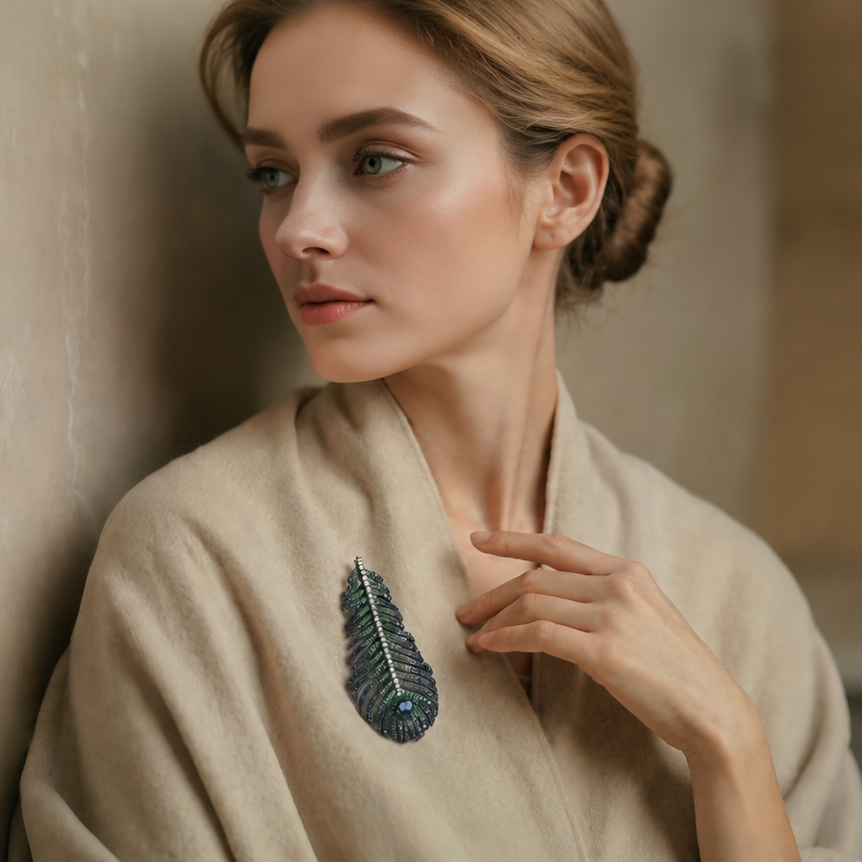 Emerald Peacock Feather Brooch