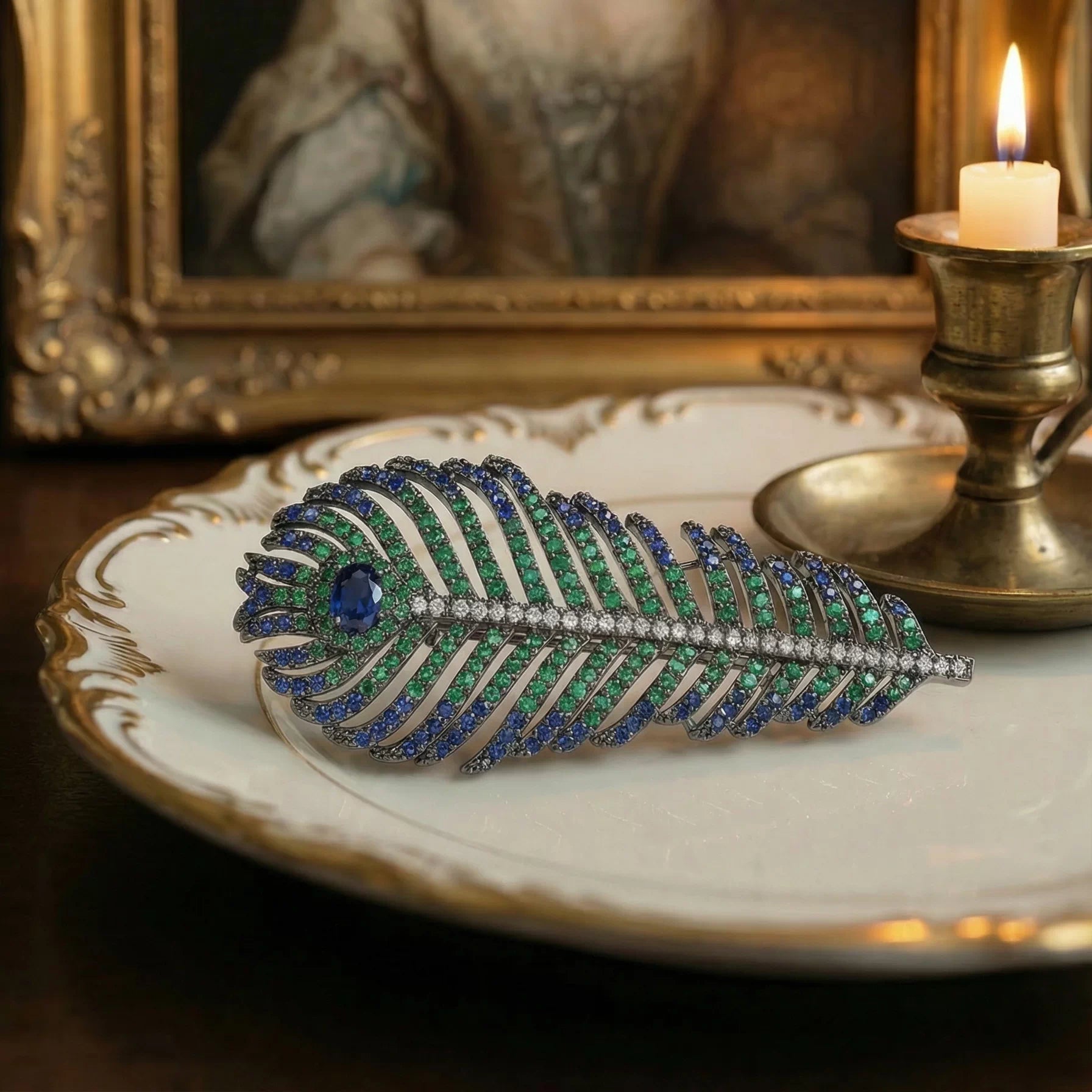 Emerald Peacock Feather Brooch